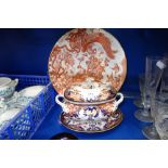 A 19TH CENTURY DERBY TUREEN with associated dish and a Crown Derby plate