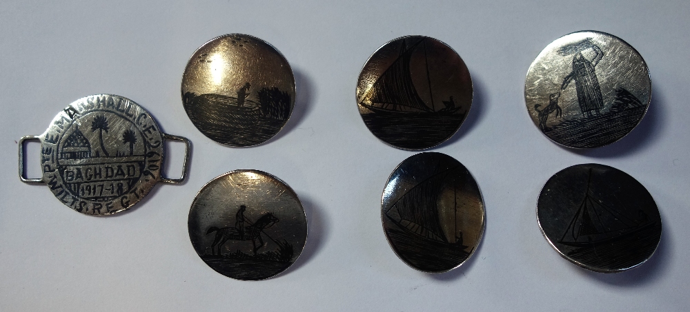 SIX SILVER BUTTONS FROM 'MESAPATANIA' and a WWI buckle inscribed 'PTE Marshall Wiltshire Regiment'