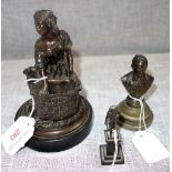 19TH CENTURY BRONZE OF A WASHER WOMAN on a circular slate base, a small bronze figure of Napoleon