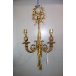 A PAIR OF BRASS WALL LIGHTS of classical form, with tied ribbon decoration