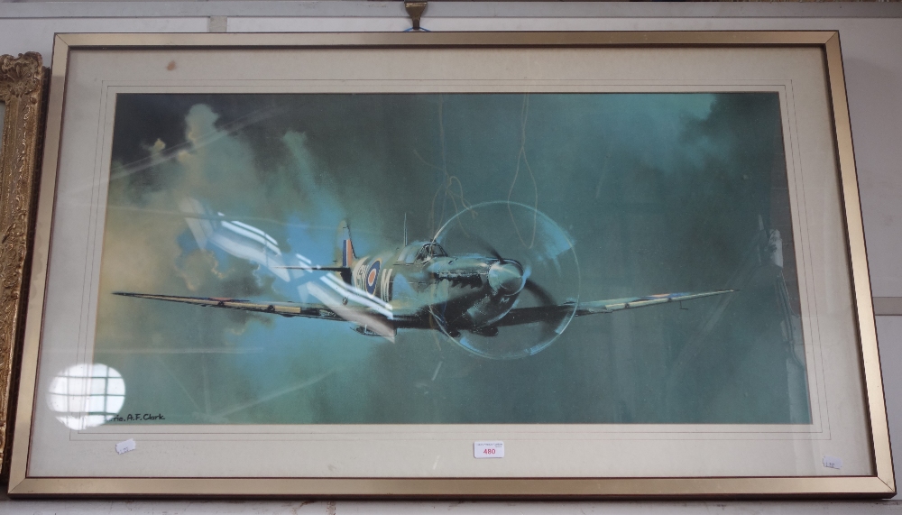 AFTER BARRIE A F CLARK: a print of a spitfire in flight, in a brushed steel and teak frame