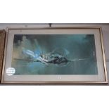 AFTER BARRIE A F CLARK: a print of a spitfire in flight, in a brushed steel and teak frame