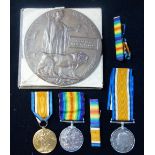 A PAIR OF WWI MEDALS "T4-185635 DVR.C.G.E. WAREHAM. A.S.C." and a bronze "death Plaque", "