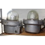 A PAIR OF VINTAGE INDUSTRIAL LIGHTS, with cast aluminium bodies, marked "Chalmit 216" with domed