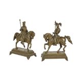 A PAIR OF EQUESTRIAN BRONZE FIGURES depicting a knight in armour and a 17th century horseman, 19cm