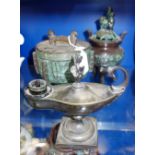 A 19TH CENTURY PATINATED BRONZE OIL LAMP of classical form, an Oriental censer and a similar