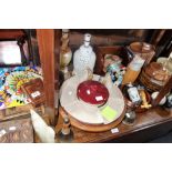 A WOODEN BOX with parquetry decoration, wooden items, table lamps, a bible and sundries