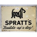 AN ENAMEL "BRACKET" TWO SIDED SIGN, "SPRATT'S BUILDS UP A DOG" circa 1930s, 30.5 cm high x 41 cm