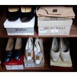 BRUNO MAGLI: A PAIR OF FAWN SATIN LOW HEEL SLING BACK SHOES AND MATCHING BAG, another pair of