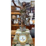 A 19TH CENTURY FRENCH GREEN MARBLE MANTEL CLOCK, with a spelter study above, 'Fee aux Roses' 61 cm