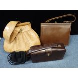 THREE VINTAGE BROWN LEATHER HANDBAGS and one black velvet evening bag (4)