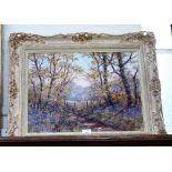 DEBORAH POYNTON; BLUEBELL WOOD WITH STILE, oil on canvas, in washed gilt frame