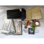 A COLLECTION OF MEDALS, Continuous Certificate of Discharge and postcards