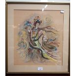 PAMELA PARKINSON; JAPANESE DANCER WITH FLOWERS, watercolour with collage, dated 1988