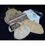 A COLLECTION OF FIVE VINTAGE EVENING PURSES, one decorated with gold thread, eight leather vintage