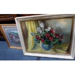 CYCLAMEN, OIL ON CANVAS, indistinctly signed, a further quantity of pictures, and an oval wall