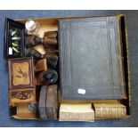 A PAIR OF OAK BOOKENDS carved with acorns and leaves, a 1920's Japanese cigarette box and sundries