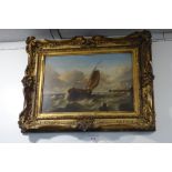 A BOAT IN ROUGH SEAS, FLYING THE FRENCH FLAG, oil on board, 19th century, in gilt frame