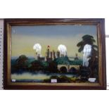 A VICTORIAN POPULAR ART REVERSE-PAINTED ON GLASS VIEW OF A CASTLE, in original rosewood frame