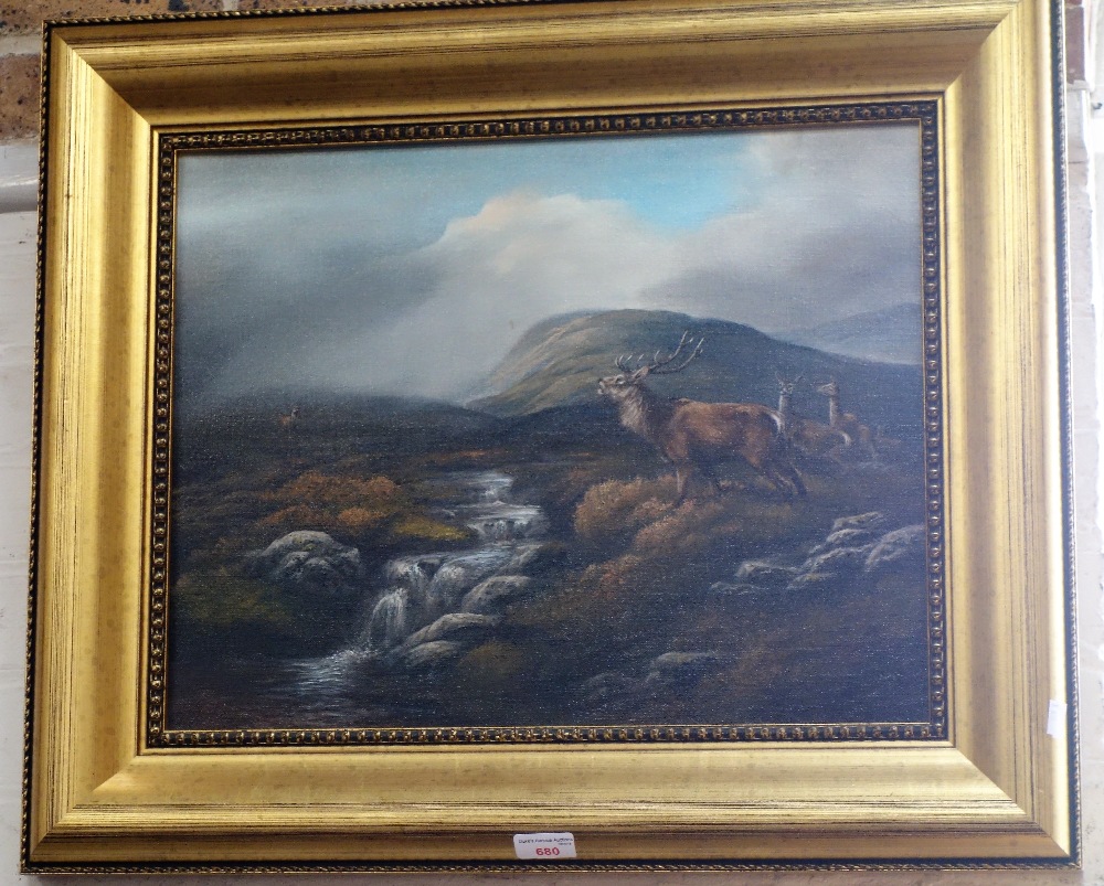A VICTORIAN STYLE OIL ON CANVAS HIGHLAND SCENE, WITH STAG, in gilt frame