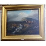 A VICTORIAN STYLE OIL ON CANVAS HIGHLAND SCENE, WITH STAG, in gilt frame