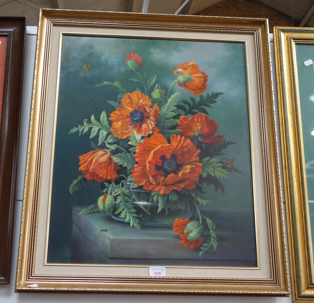 ETHELWYN SHIEL; POPPIES IN A VASE, WITH CATERPILLAR, OIL ON CANVAS, dated 9.85