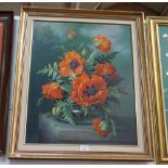 ETHELWYN SHIEL; POPPIES IN A VASE, WITH CATERPILLAR, OIL ON CANVAS, dated 9.85