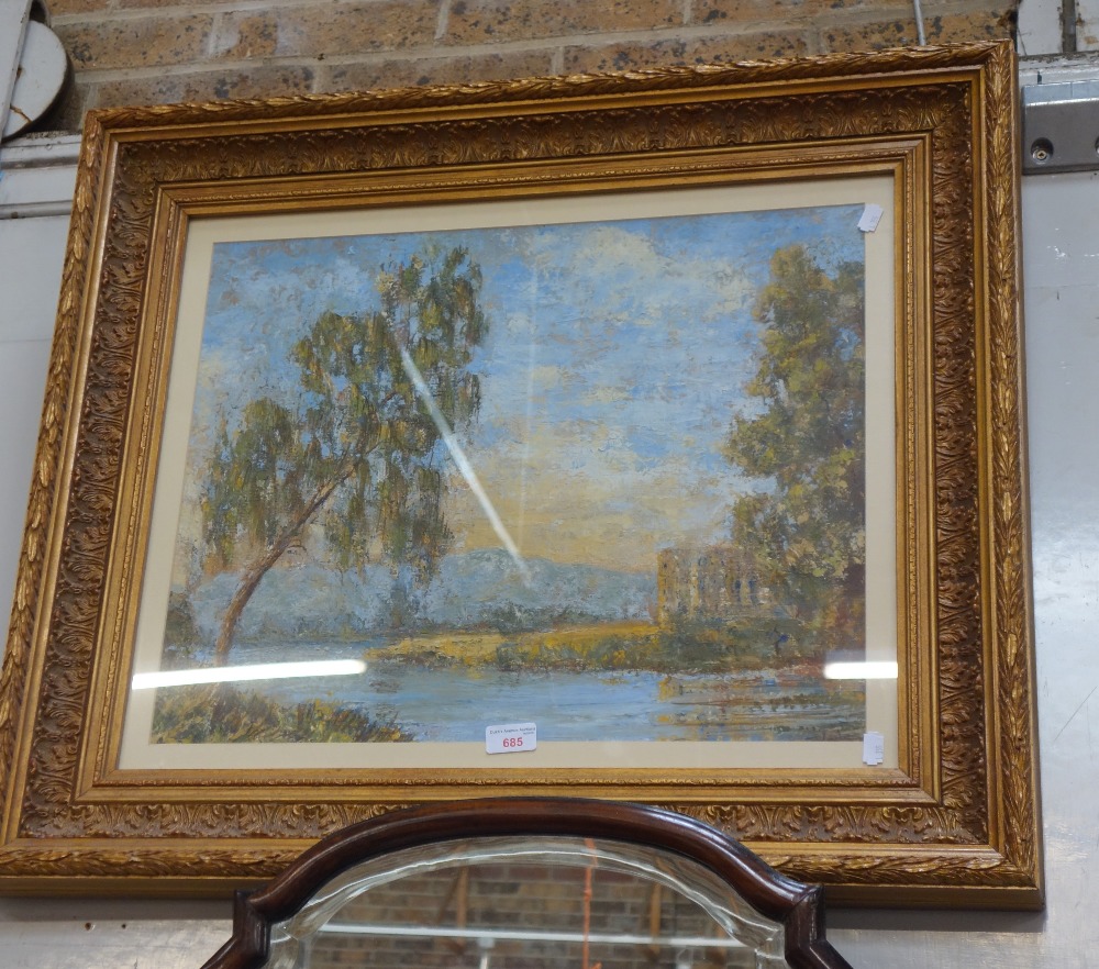 RIVER VIEW WITH BUILDING AND TREES, OIL ON BOARD (glazed), in gilt frame