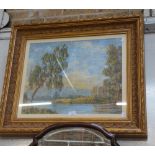 RIVER VIEW WITH BUILDING AND TREES, OIL ON BOARD (glazed), in gilt frame