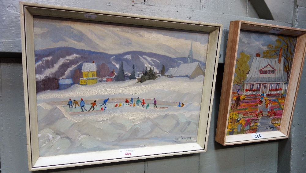 DORI THOMSON; 'SKATERS- ST SAUVEUR DES MONTS', oil on board, and another work by the same Canadian