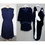 A VINTAGE NAVY BLUE SLEEVELESS ORGANZA DRESS, a black velvet dress with cream bow and a velvet two-