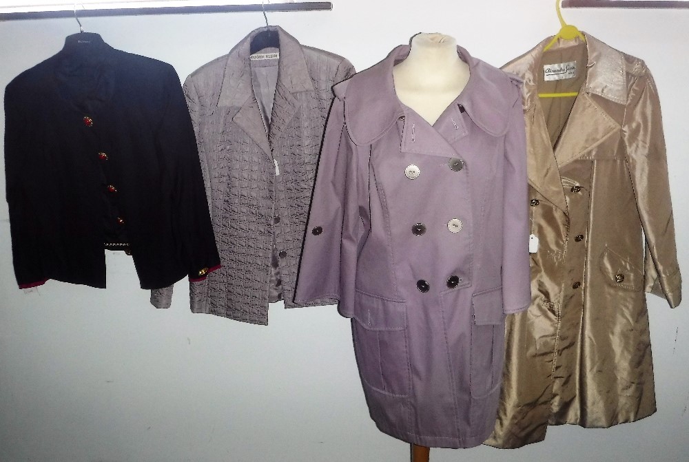 ELIZABETH EMANUEL LILAC COLOURED RAIN MAC, three other jackets, with two pairs of vintage suede