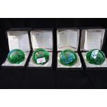 FOUR SELKIRK GLASS PAPERWEIGHTS, Perch, kingfisher, Sedge Warbler and Dragonfly, all boxed with