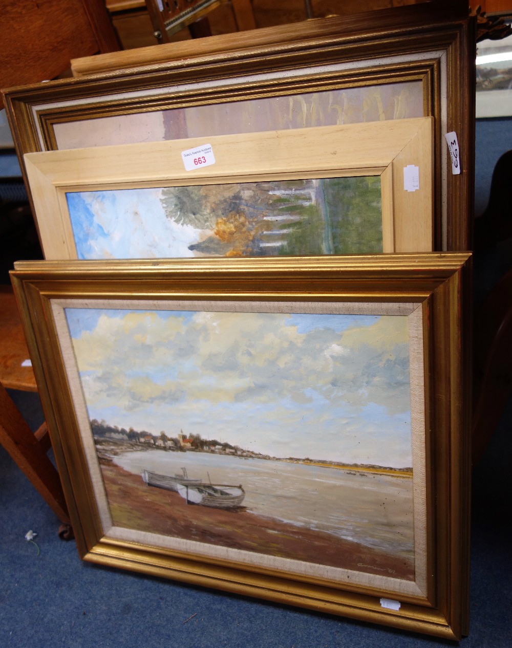 DESMOND ARMOUR; 'MALDON, THE BEACH' OIL ON BOARD, and other works by the same artist