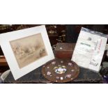 A HARDWOOD CIRCULAR DISH with inset enamel plaques, 28 cm dia, a Morris Minor 1000 sales brochure, a