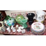 A COLLECTION OF PORTMEIRION PLANT POTS, a large green glass bottle and a quantity of ceramics