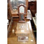 A MINIATURE LONGCASE CLOCK, a carved black forest bear blotter and an inlaid box