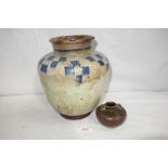 A CHINESE MING TYPE VASE, with everted raised collar, glazed and painted with blue panels, and a