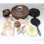 AN ORIENTAL SEWING BASKET, decorated with coins, a collection of sea shells and sundries