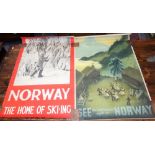 TWO VINTAGE ADVERTISING TOURIST POSTERS for Norway, "The Home of Ski-ing" pub by Norwegian State