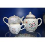 AN 18TH CENTURY CHINESE ARMORIAL TEAPOT, (missing cover) and two 18th Chinese export teapots,