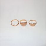 A 9CT ROSE GOLD WEDDING BAND, size U, weight 3.2gm, a 9ct signet ring, size Q, 3.8gm and a 9ct