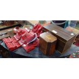 A 19TH CENTURY MAHOGANY AND BOX WOOD TEA CADDY, the hinged cover to reveal a fit