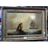 MARINE SCENE WITH FRENCH BOAT, oil on canvas 19th Century in gilt frame