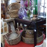 AN ASH STOOL and a collection of wicker baskets