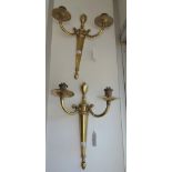 A PAIR OF EDWARDIAN TWO BRANCH BRASS WALL LIGHTS, 34.5 cm high