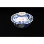 AN ORIENTAL BLUE AND WHITE RICE BOWL and cover, with two character mark