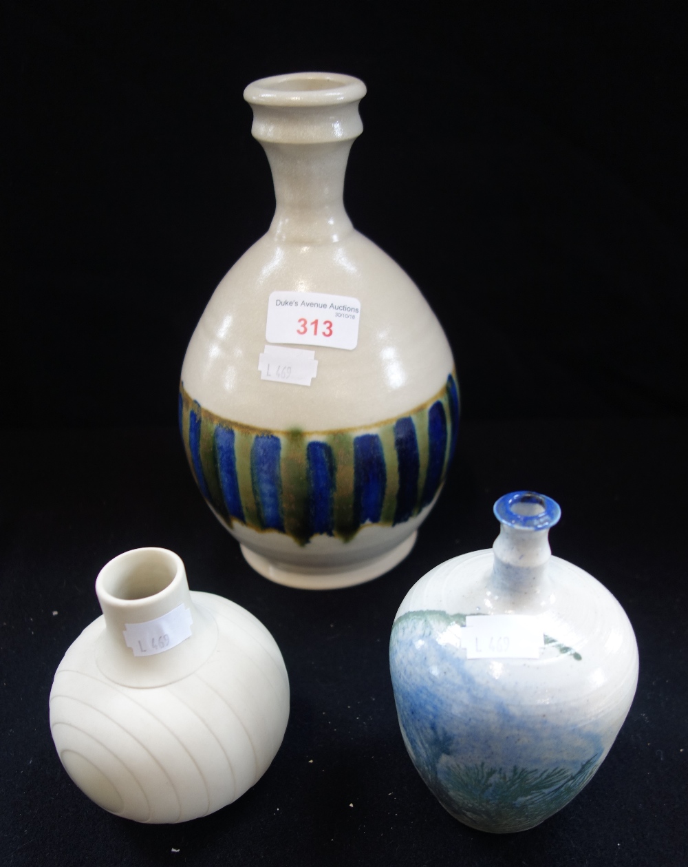 PAUL WEBB; A STUDIO POTTERY TABLE LAMP BASE and two similar vases (3)