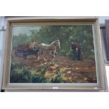 TOSTI: A 1960s oil on canvas painting of a horse and cart passing two figures, s