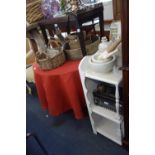 A WHITE PAINTED WALL SHELF with turned columns and other furniture (as lotted)